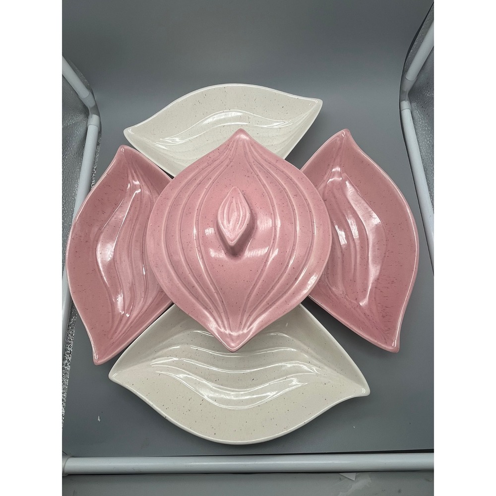 Mid Century Modern California Pottery L34 Lazy Susan‎ Pink and Ivory 6 pc